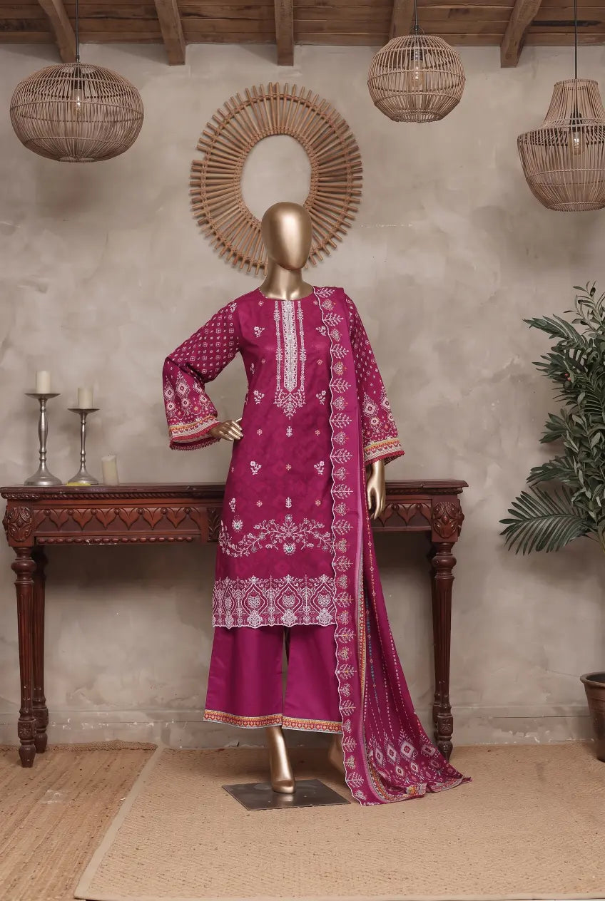 3 Pieces - Riwayat Unstitched Dark Pink Ladies Cambric Cotton Suit