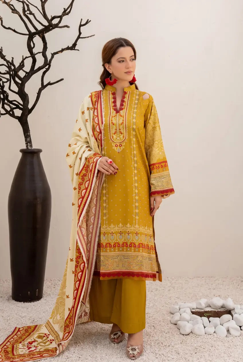 3 Pieces - Marooj Unstitched Mustard Yellow BanaDora Linen Suit