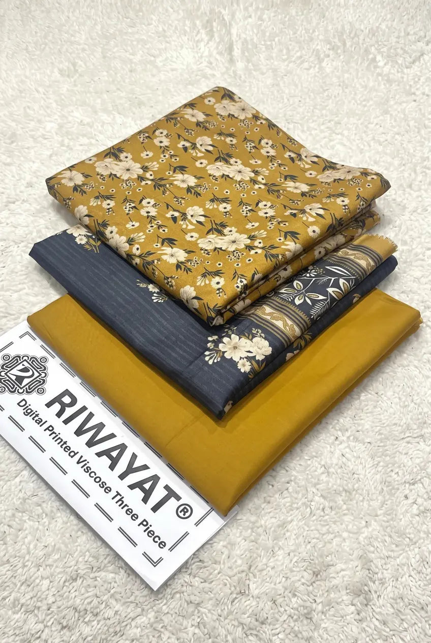3 Pieces - Riwayat Unstitched Mustard Dobby Viscose Suit