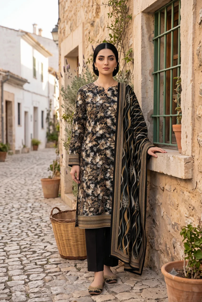 3 Pieces - Sohni Dharti Unstitched Black Ladies Lawn Suit