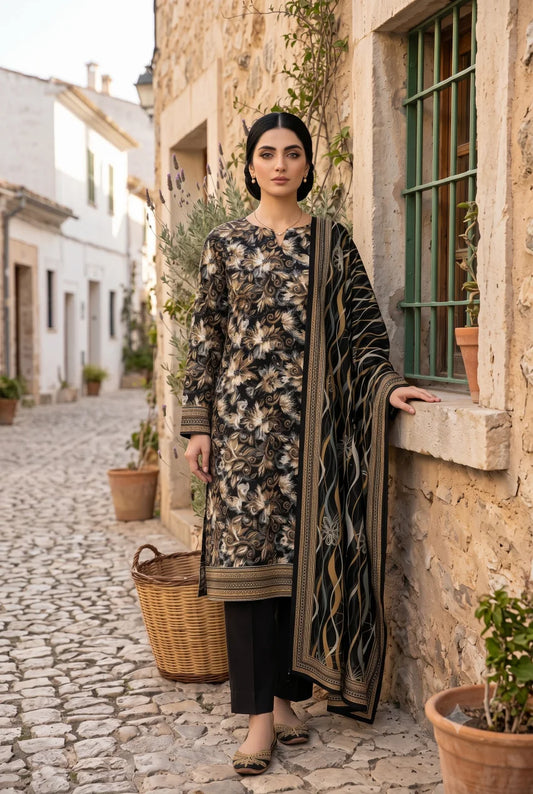3 Pieces - Sohni Dharti Unstitched Black Ladies Lawn Suit