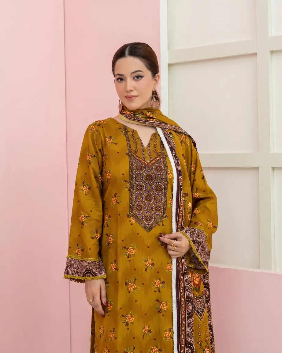 3 Pieces - Marooj Unstitched Mustard BanaDora Linen Suit