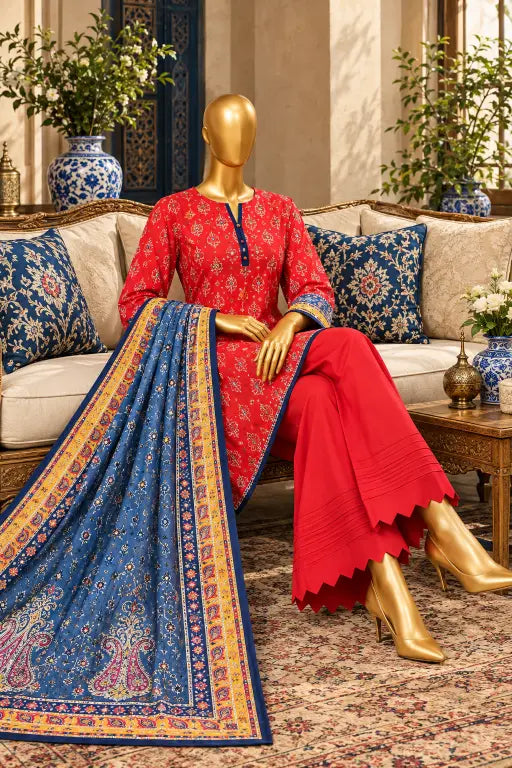 3 Pieces - Riwayat Unstitched Red Viscose Printed Suit