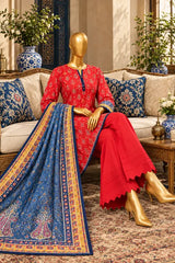 3 Pieces - Riwayat Unstitched Red Viscose Printed Suit