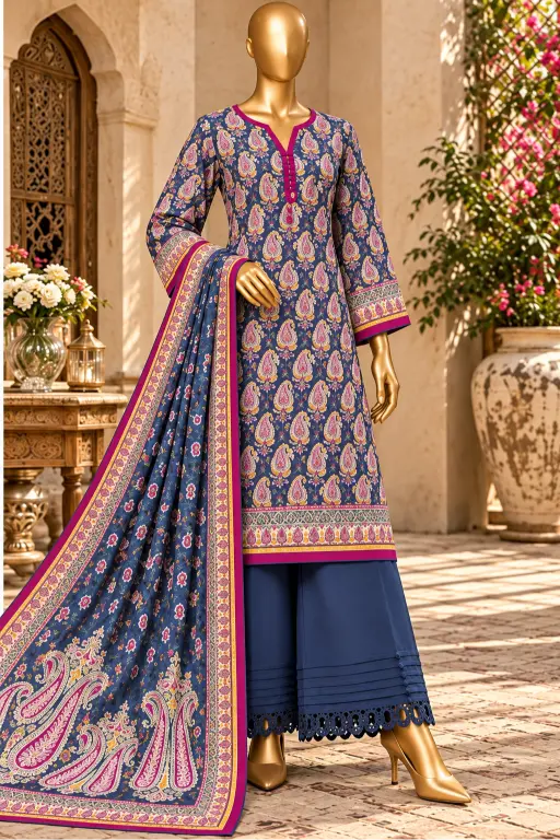 3 Pieces - Riwayat Unstitched Blue Viscose Printed Suit