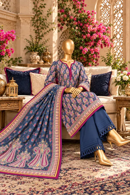 3 Pieces - Riwayat Unstitched Blue Viscose Printed Suit