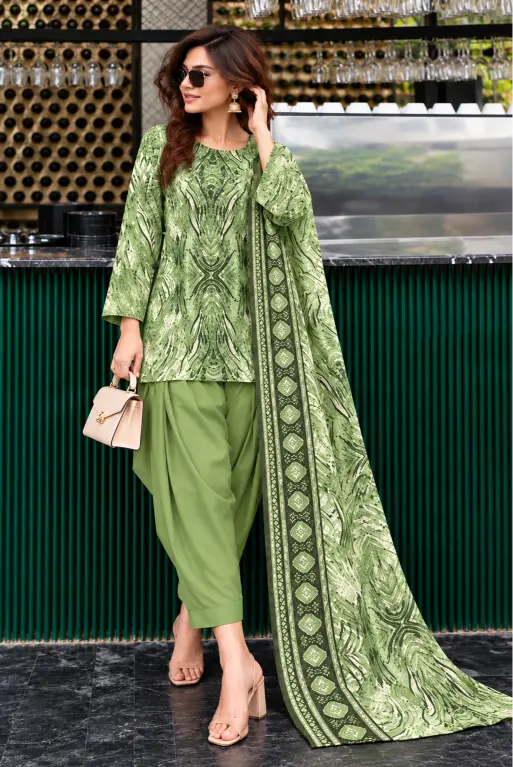 3 Piece -Bella By Zainab Chottani Printed  Unstitched Green khaddar Suit