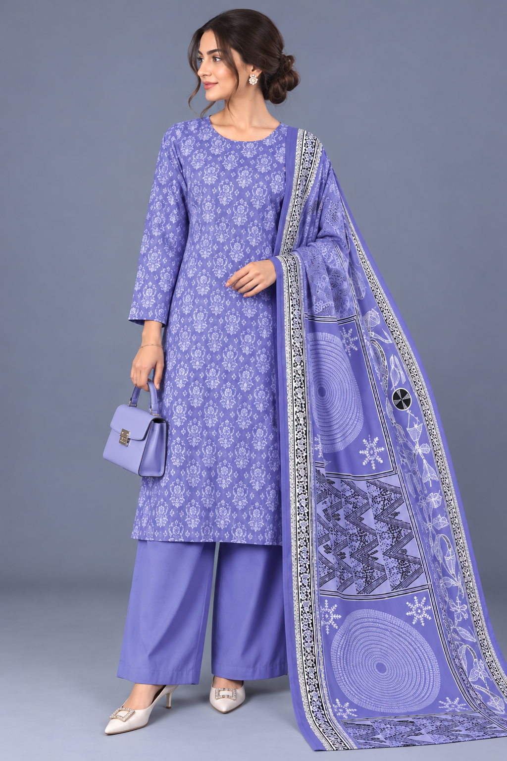 3 Pieces - Bareeze Unstitched Light Purple  Ladies Printed Khaddar Suit