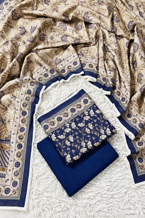3 Pieces - Bin Saeed Unstitched Navy Blue Ladies Printed Khaddar Suit