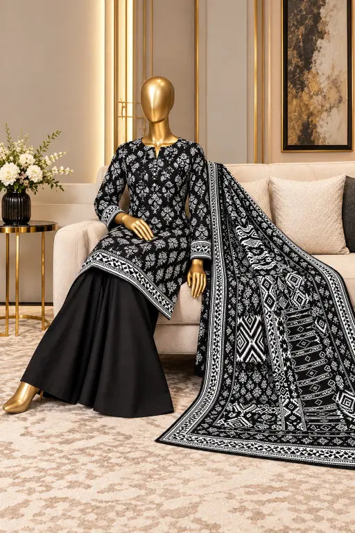 3 Pieces - Riwayat Unstitched Black Viscose Printed Suit
