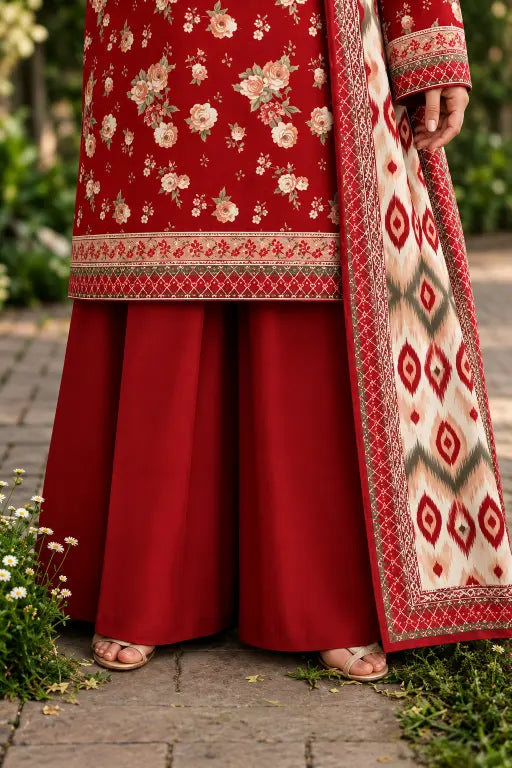 3 Piece - Marooj Ethnic Premium Printed  Unstitched Red khaddar Suit