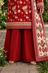 3 Piece - Marooj Ethnic Premium Printed  Unstitched Red khaddar Suit