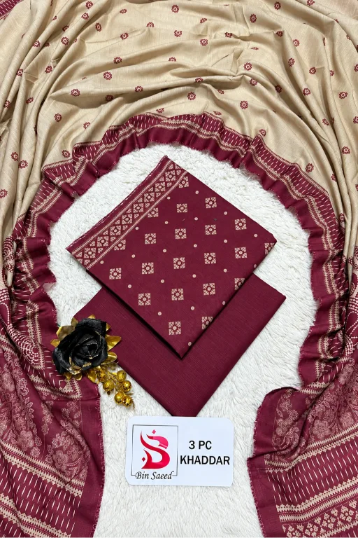 3 Pieces - Bin Saeed Unstitched Maroon Ladies Printed Khaddar Suit