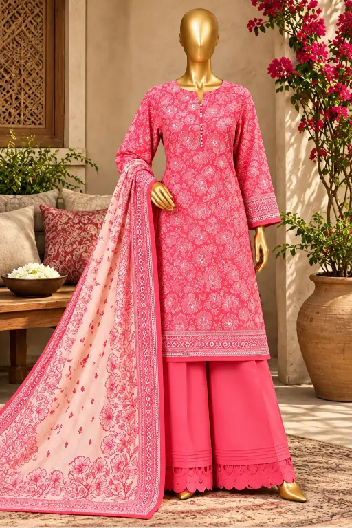 3 Pieces - Riwayat Unstitched Baby Pink Viscose Printed Suit