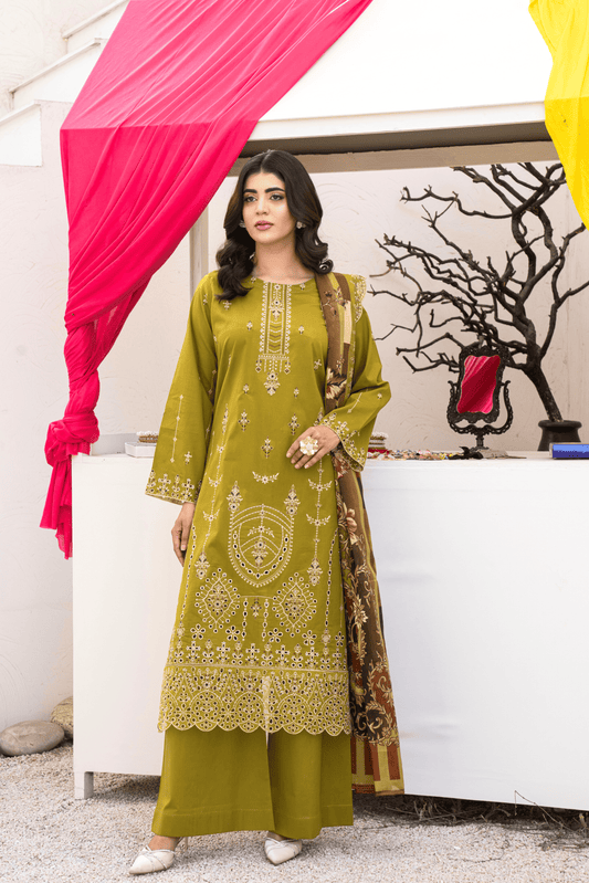 3 Piece - Gold Unstitched Mehndi Embroidered Lawn Suit