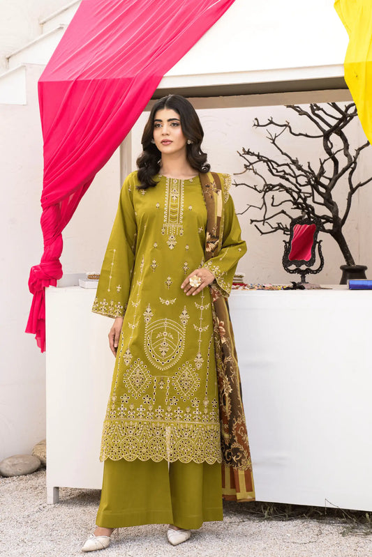 3 Piece - Gold Unstitched Mehndi Embroidered Lawn Suit