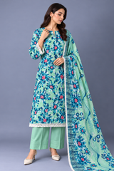 3 Pieces - Bareeze Unstitched Sea Green Ladies Printed Khaddar Suit