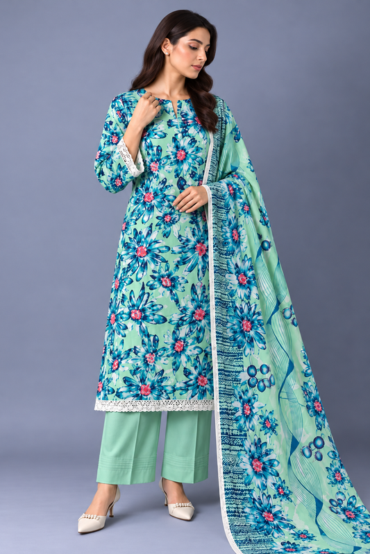 3 Pieces - Bareeze Unstitched Sea Green Ladies Printed Khaddar Suit