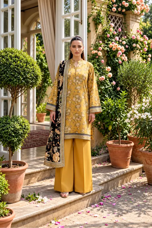 3 Piece - Marooj Ethnic Premium Printed  Unstitched Mustard khaddar Suit