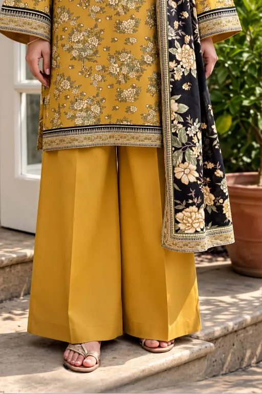 3 Piece - Marooj Ethnic Premium Printed  Unstitched Mustard khaddar Suit