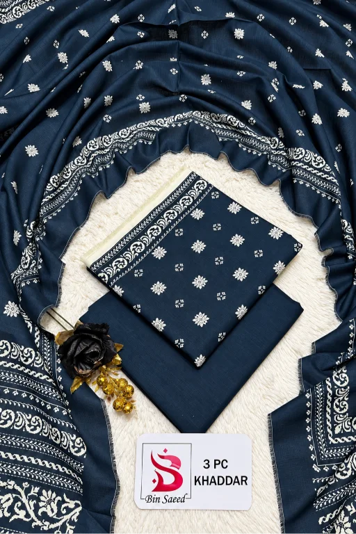 3 Pieces - Bin Saeed Unstitched Blue Ladies Printed Khaddar Suit
