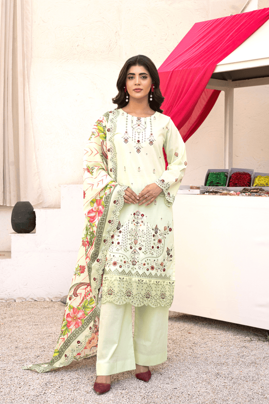 3 Piece - Gold Unstitched Off White Embroidered Lawn Suit