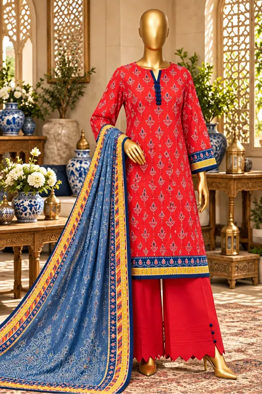 3 Pieces - Riwayat Unstitched Red Viscose Printed Suit