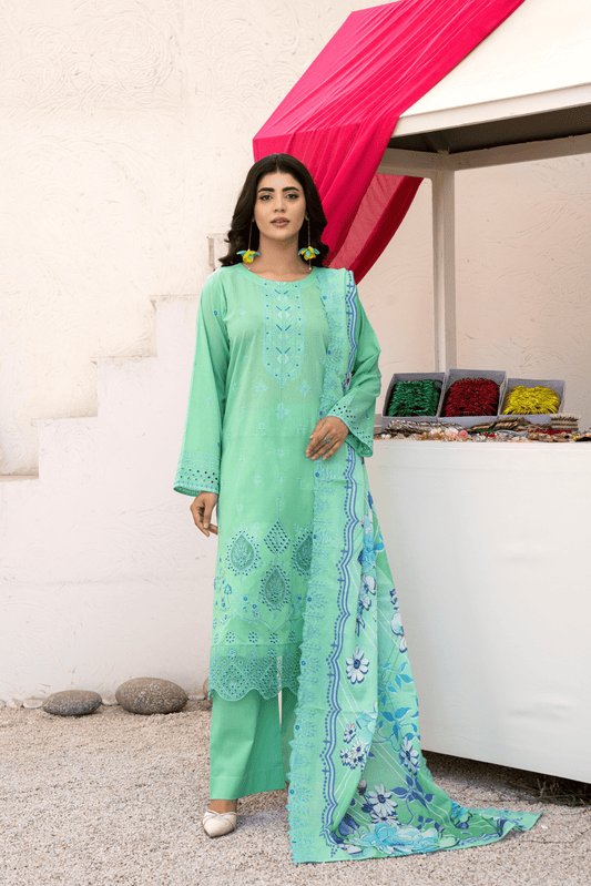 3 Piece - Gold Unstitched Pista Embroidered Lawn Suit