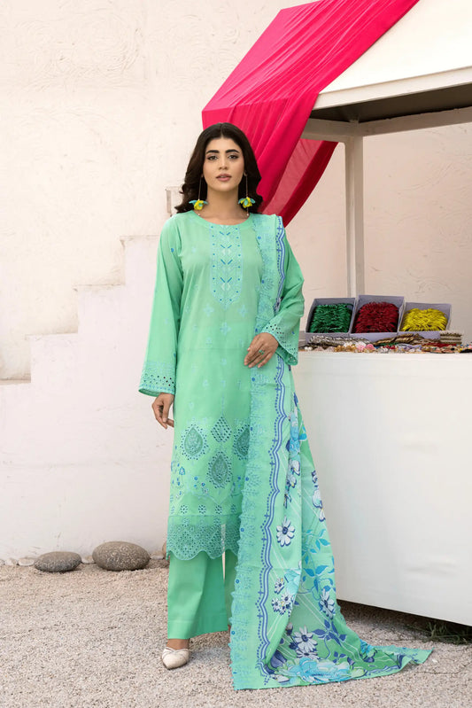 3 Piece - Gold Unstitched Pista Embroidered Lawn Suit