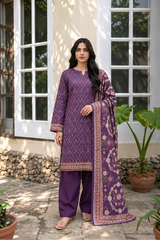 3 Piece - Marooj Ethnic Premium Printed  Unstitched Purple khaddar Suit