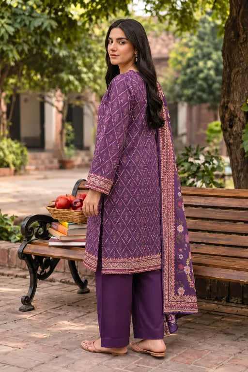3 Piece - Marooj Ethnic Premium Printed  Unstitched Purple khaddar Suit