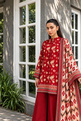 3 Piece - Marooj Ethnic Premium Printed  Unstitched Red khaddar Suit