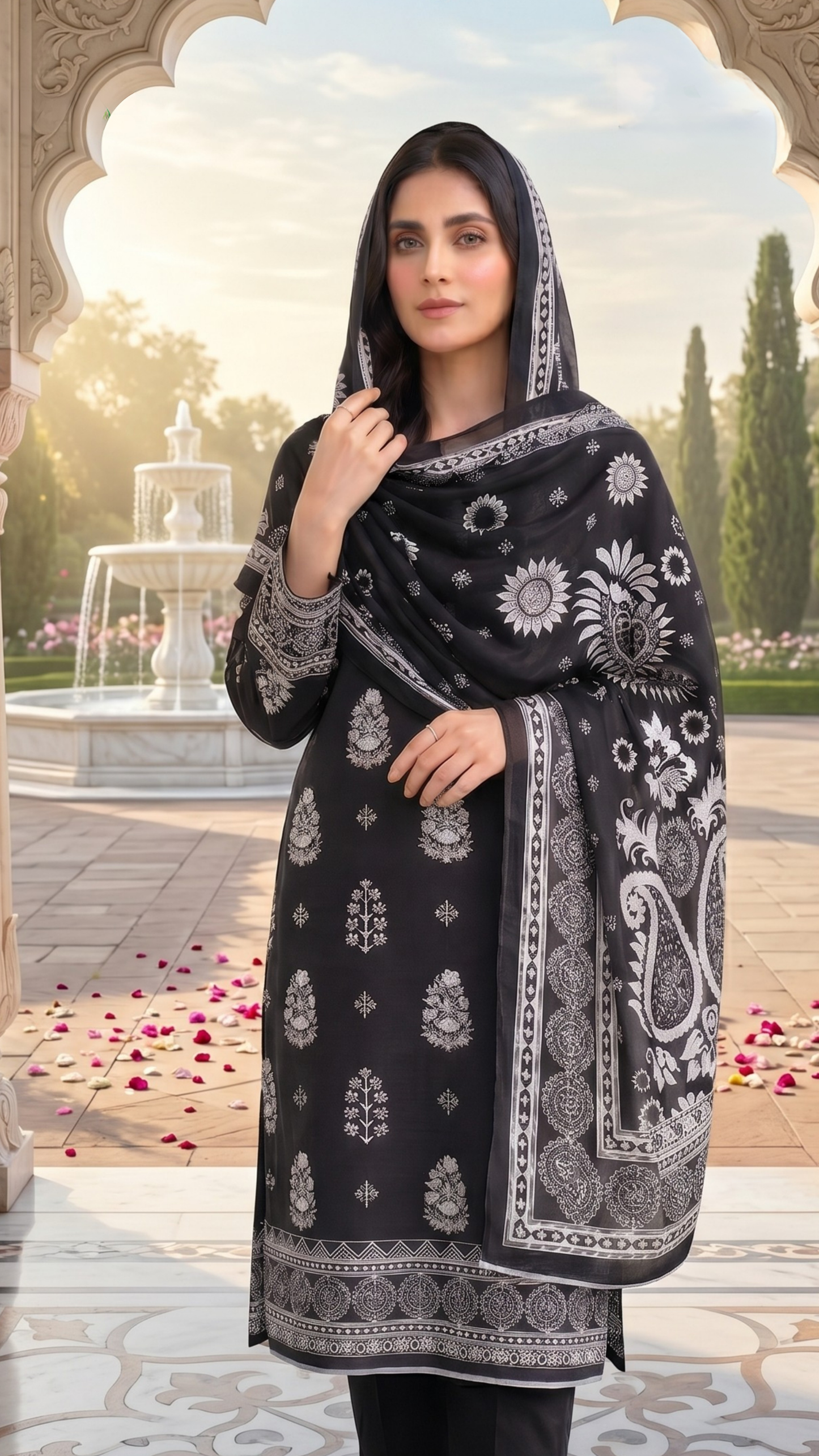 3 Pieces - Sohni Dharti  Unstitched Black And White Lawn Suit