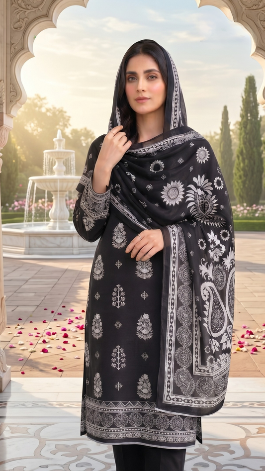 3 Pieces - Sohni Dharti  Unstitched Black And White Lawn Suit