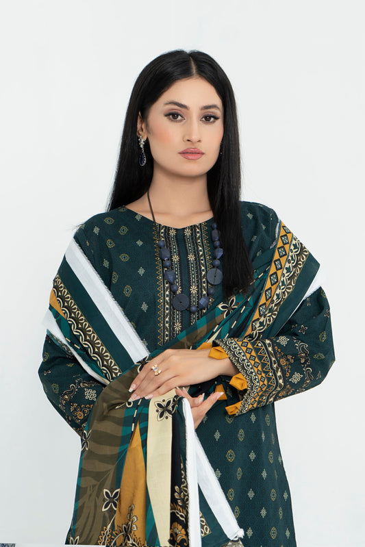 3 Piece - Junoon Unstitched Olive Ladies Transliminor Magic Print Lawn Suit
