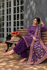3 Piece - Marooj Ethnic Premium Printed  Unstitched Purple khaddar Suit