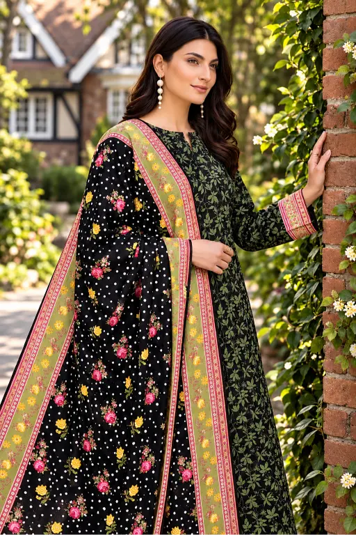 3 Piece - Marooj Ethnic Premium Printed  Unstitched Black khaddar Suit