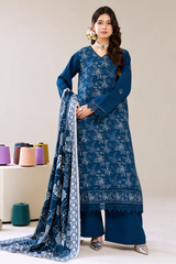 3 Pieces - Marooj Luxury Embroidered Unstitched Blue  Karandi Ladies Suits