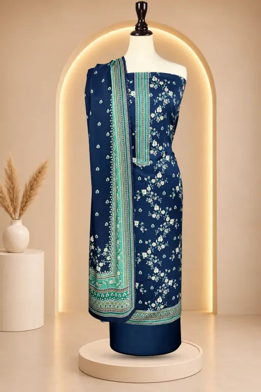 3 Pieces - Rijja By Murashe Unstitched Navy Blue Ladies Printed  Viscose Suit