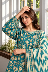 3 Piece - Marooj Ethnic Premium Printed  Unstitched Ferozi khaddar Suit