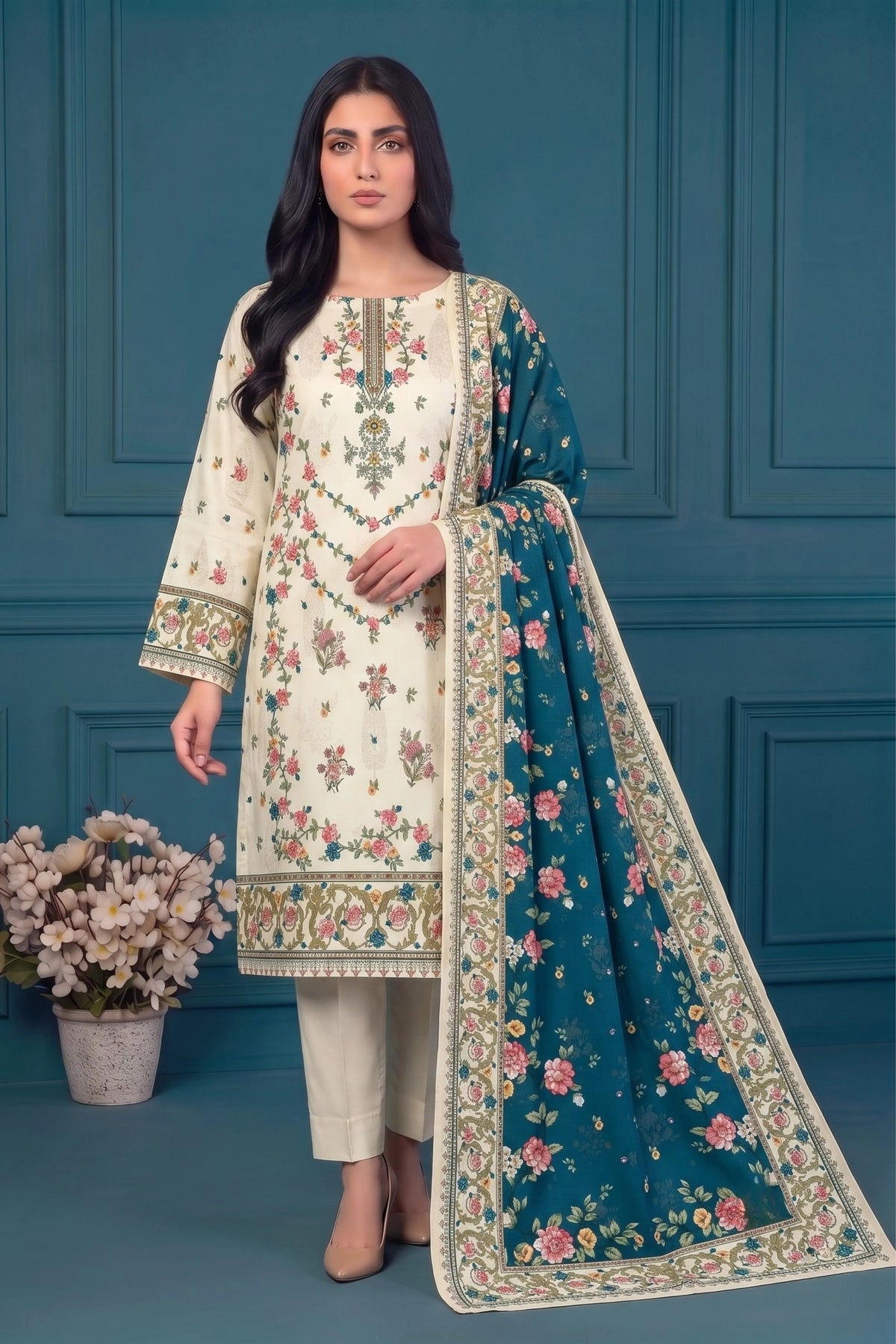 3 Piece - Marooj Ethnic Premium Printed Unstitched Off-white khaddar Suit