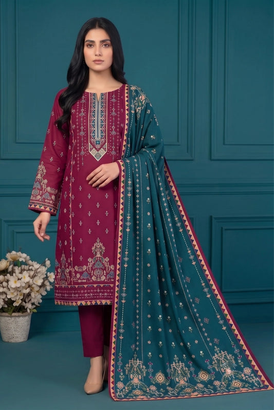 3 Piece - Marooj Ethnic Premium Printed Unstitched Plum khaddar Suit