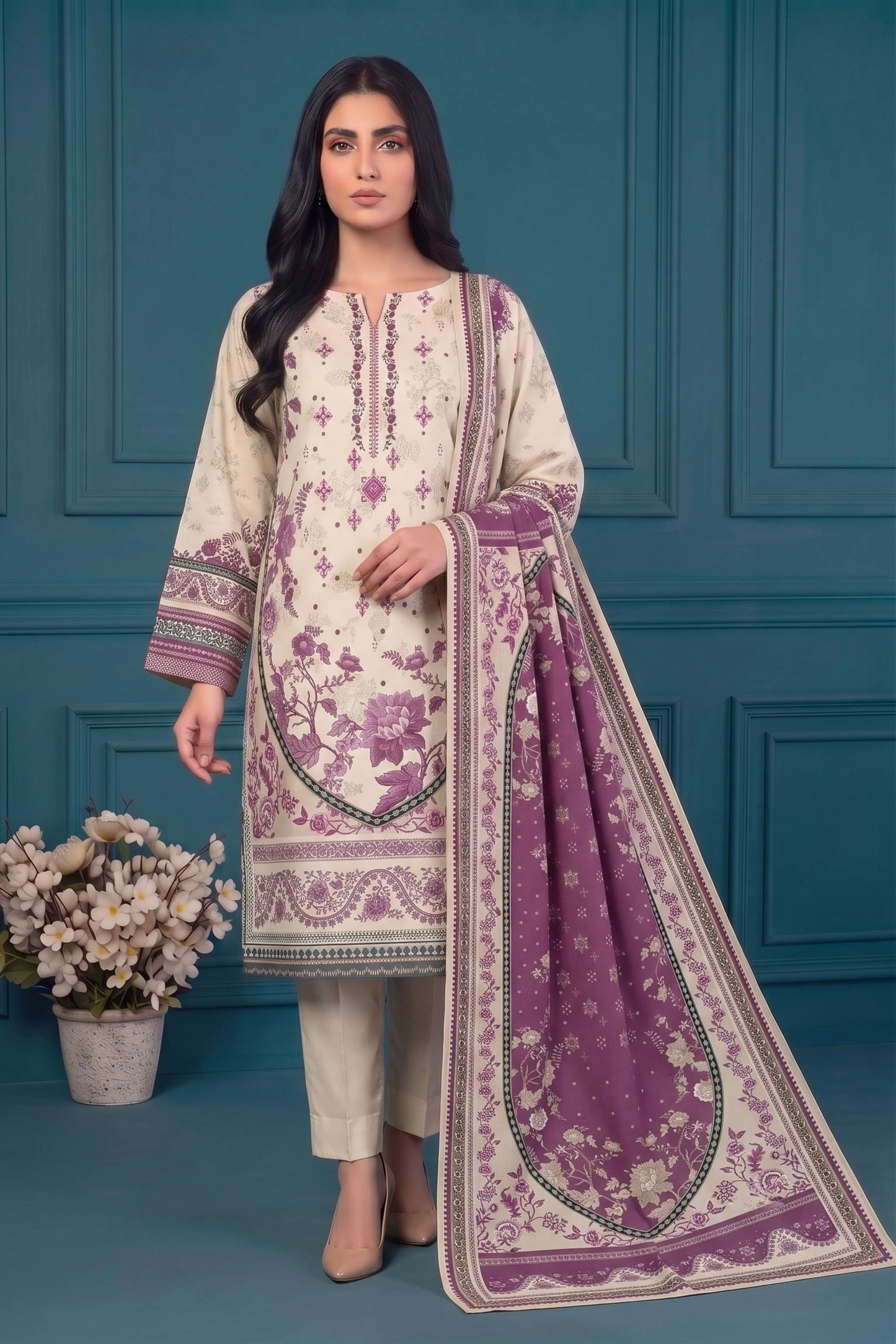 3 Piece - Marooj Ethnic Premium Printed Unstitched OFF-White khaddar Suit