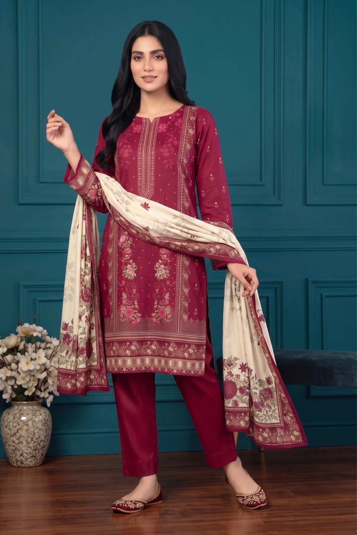 3 Piece - Marooj Ethnic Premium Printed Unstitched Red khaddar Suit