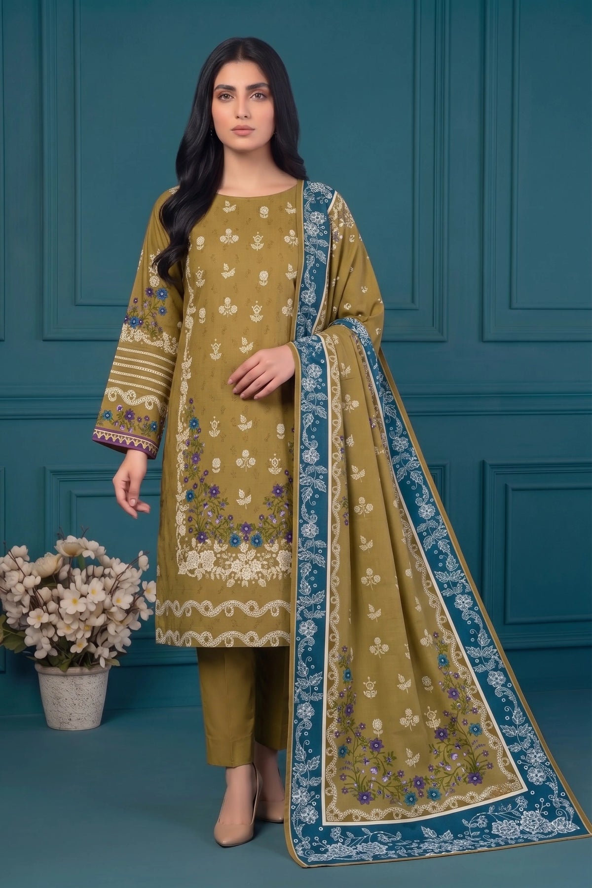 3 Piece - Marooj Ethnic Premium Printed Unstitched Olive Green khaddar Suit