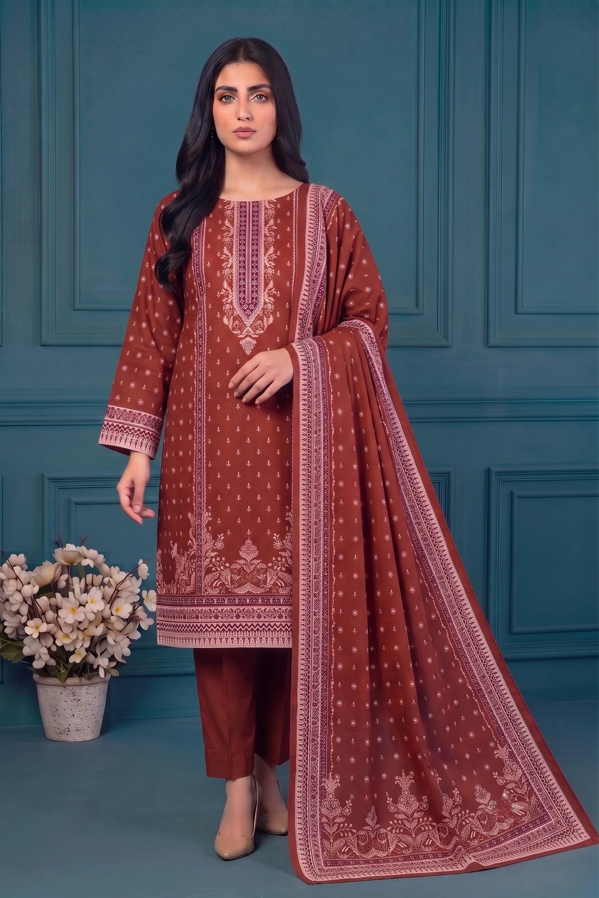 3 Piece - Marooj Ethnic Premium Printed Unstitched Red khaddar Suit