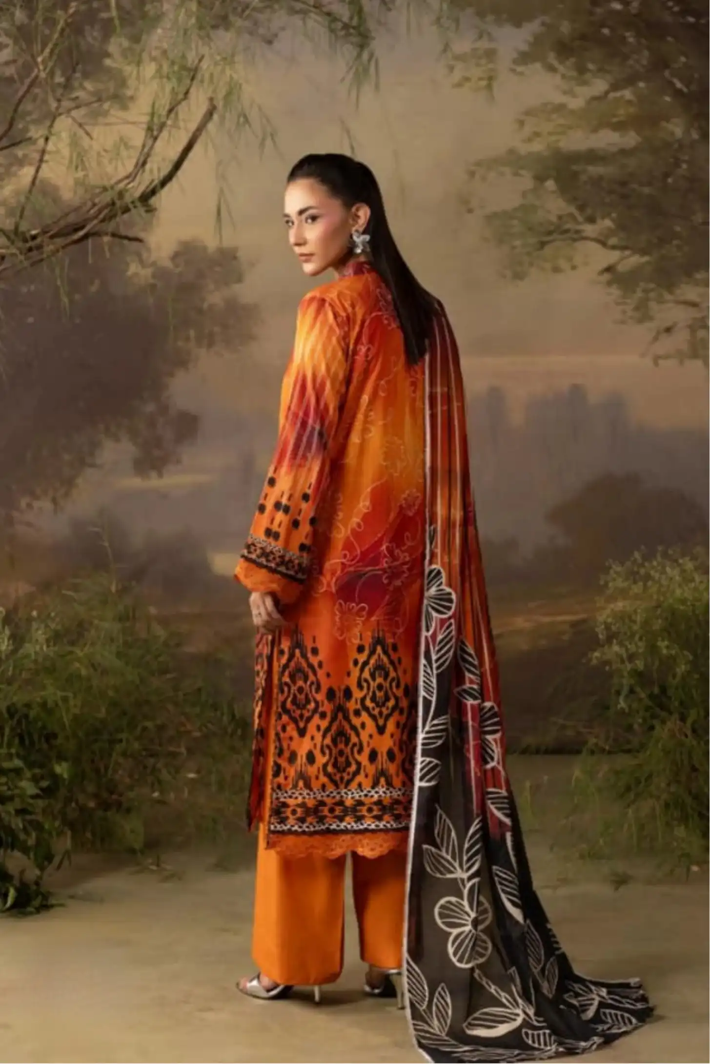 3 Pieces - Rangreza Unstitched Orange Lawn Suit