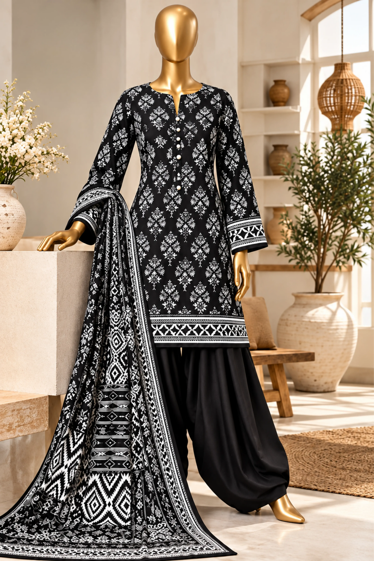 3 Pieces - Riwayat Unstitched Black Viscose Printed Suit