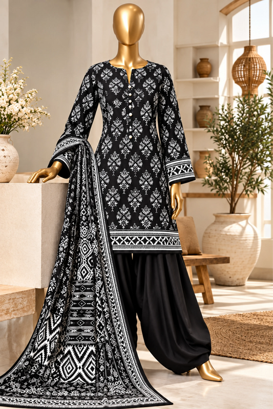 3 Pieces - Riwayat Unstitched Black Viscose Printed Suit