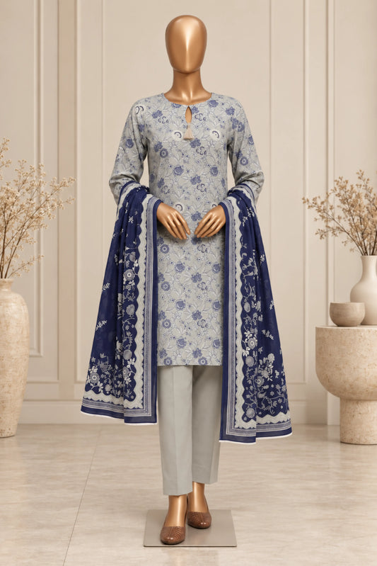 3 Pieces - Rijja By Murashe Unstitched Grey Ladies Printed  Khaddar Suit